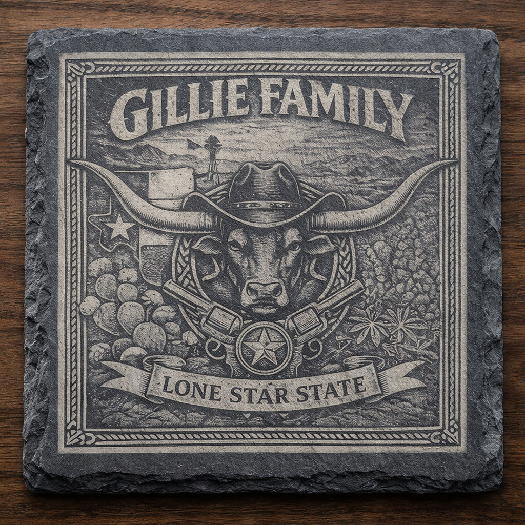 Laser Engraved Slate Coaster Set - with Holder | Rustic Stone Drink Coasters