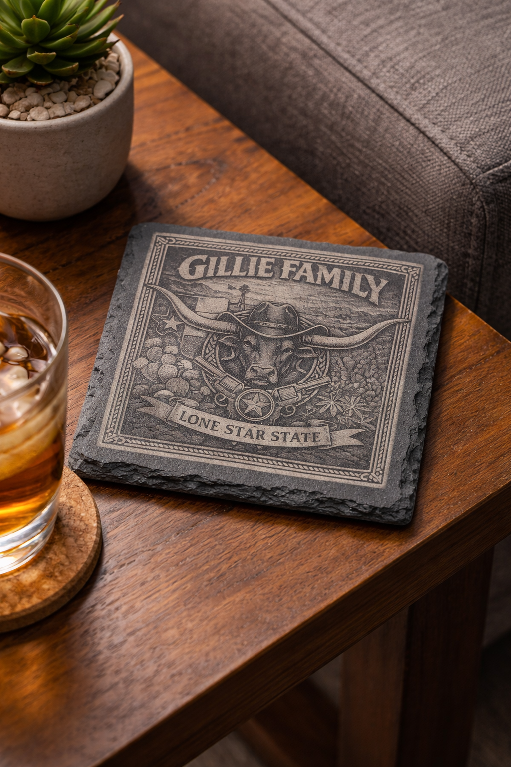 Laser Engraved Slate Coaster Set - with Holder | Rustic Stone Drink Coasters