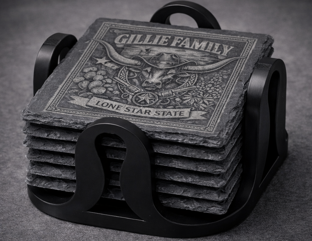 Laser Engraved Slate Coaster Set - with Holder | Rustic Stone Drink Coasters