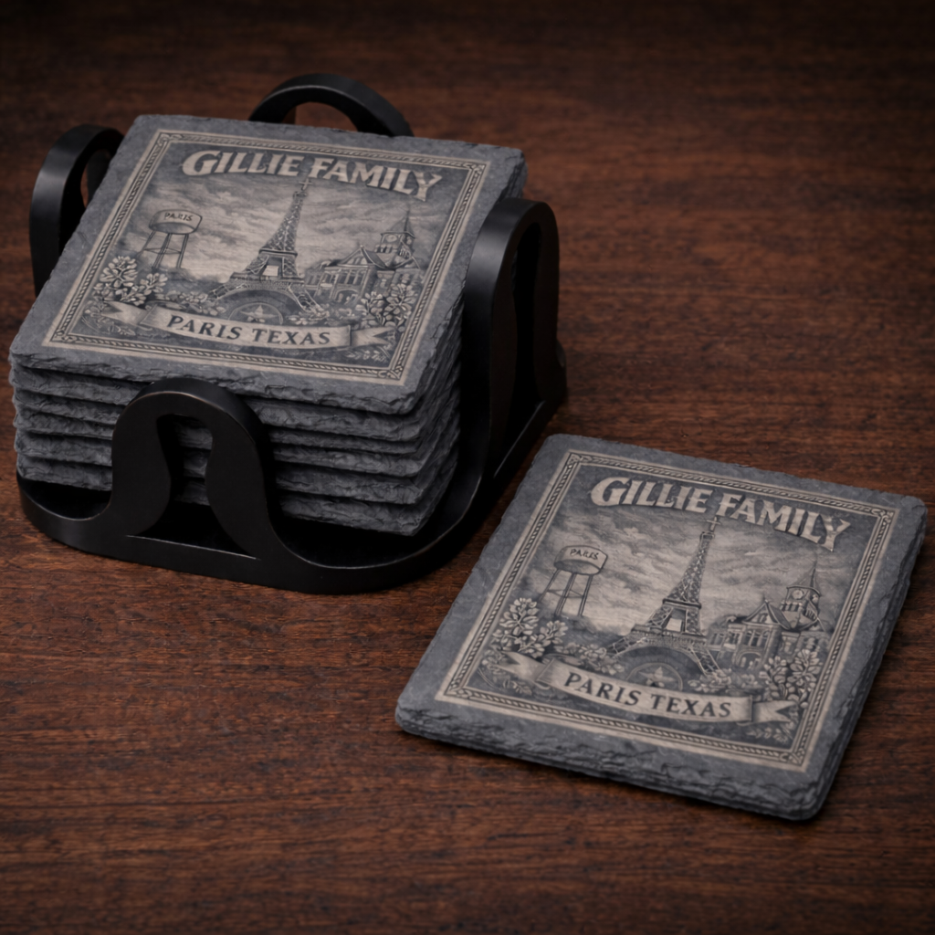 Laser Engraved Slate Coaster Set - with Holder | Rustic Stone Drink Coasters