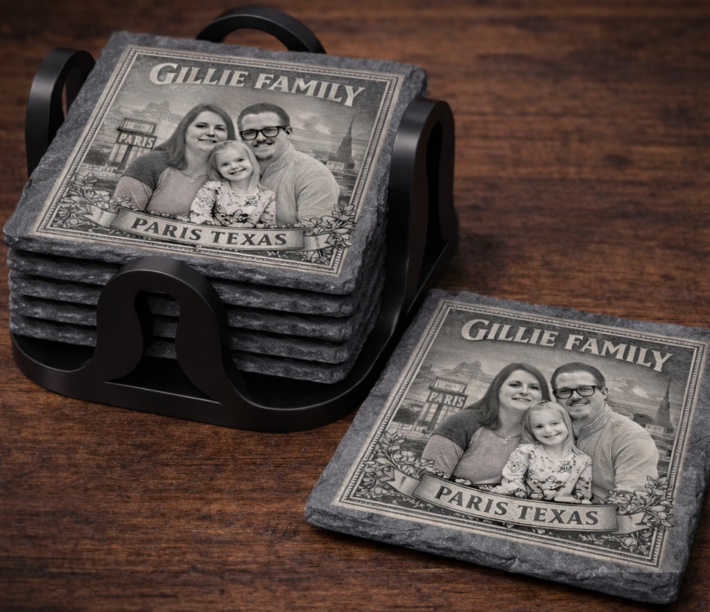 Laser Engraved Slate Coaster Set - with Holder | Rustic Stone Drink Coasters